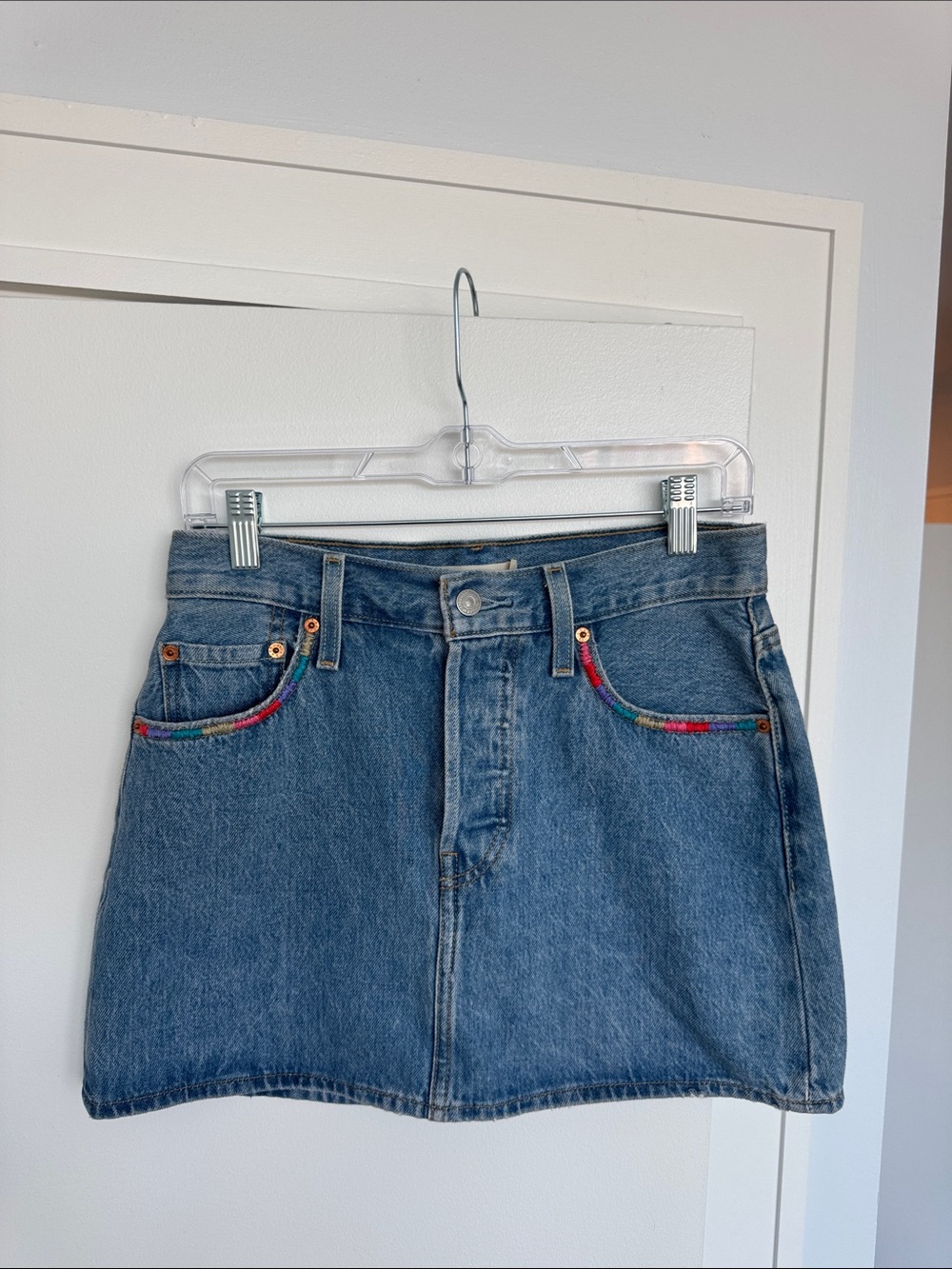 Denim Levi’s Mini Skirt with Hand Embroidered Colorful Pocket Trim